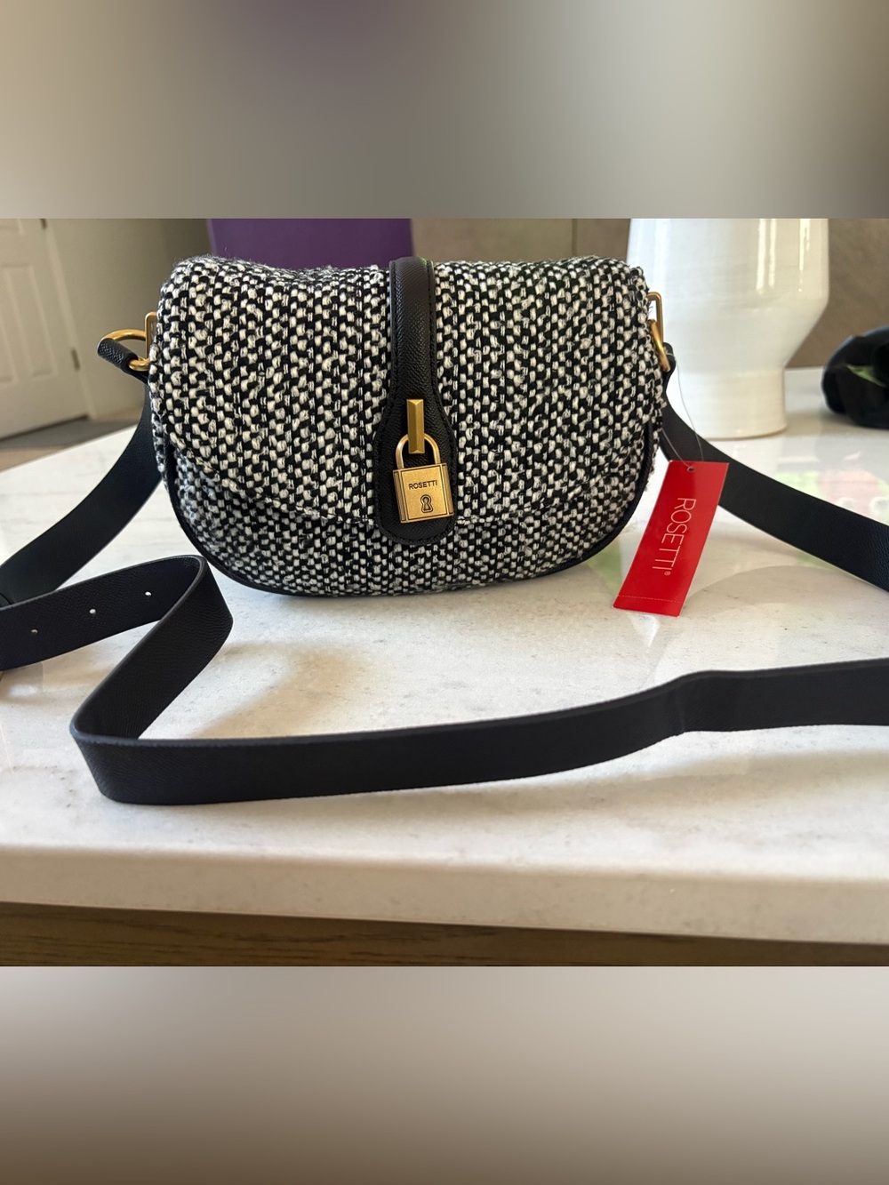 Rosetti Black & White Tweed Crossbody with Gold Lock